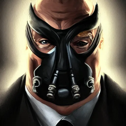 Prompt: Donald Trump as Bane from The Dark Knight Rises, portrait, highly detailed, digital painting, artstation, concept art, smooth, sharp focus, illustration, cinematic lighting, art by artgerm and greg rutkowski and alphonse mucha