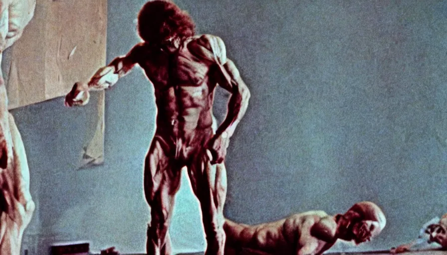 Image similar to 7 0 s film still from a horror movie with muscular human anatomy, kodachrome, cinecolor, cinestill, photorealism, cinematic, film grain, film texture, vhs recording