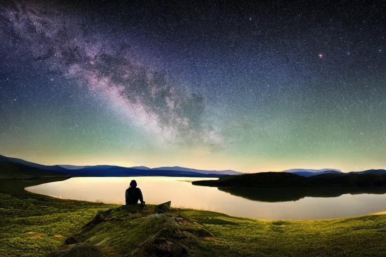 Prompt: a large valley landscape with a still lake at night and milky way appearing on the sky, 8K, hdr, octane render, long pose photography, astrophotography