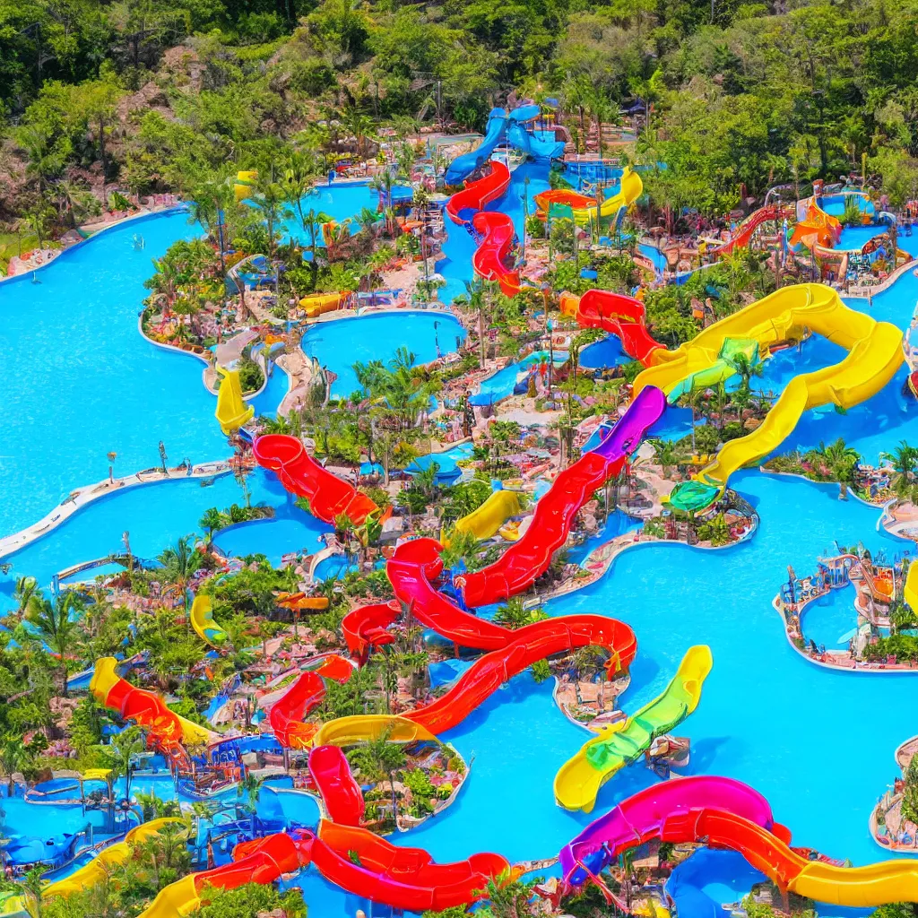 Image similar to colorful water slides with pools of bright blue water, lazy river, birds eye view