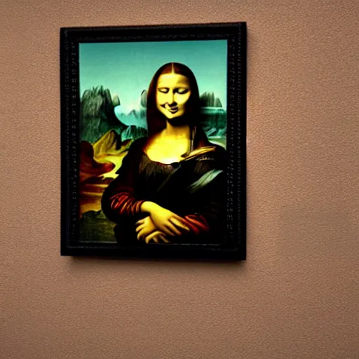 Prompt: picture of a painting on a wall that has a minecraft dirt block, with the body of the mona lisa