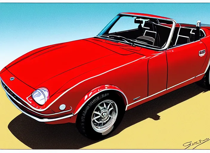 Image similar to highly detailed 1 9 6 9 red datsun fairlady roadster, retro minimalist art by jean giraud, moebius starwatcher comic, sharp, 8 k