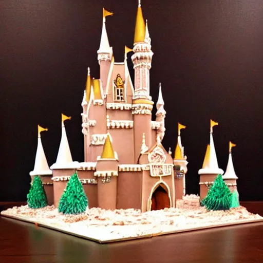 Image similar to life sized disney world castle as a gingerbread house.