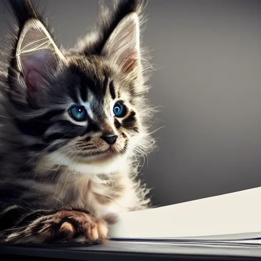 Image similar to eye - level view, a super cute maine coon kitten ate my homework in my room and woke up smart the next day. now the kitten is going to prepare my parents'tax return, hilarious, funny, frenetic high energy, back to school comedy, cg animation, 3 d octane render, imax 7 0 mm, rtx,