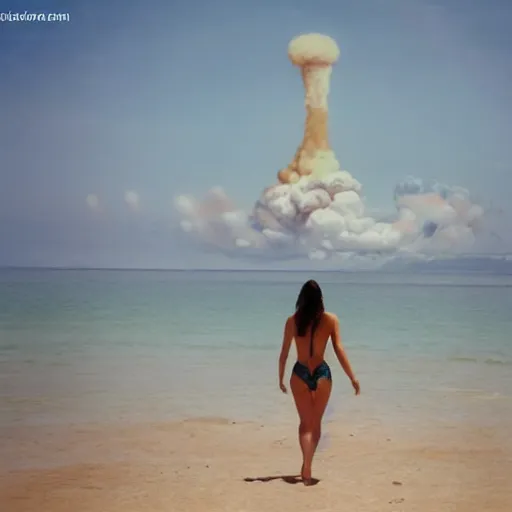 Image similar to beautiful bikini clad woman walking alone on a beach with a nuclear explosion in the background, rule of thirds