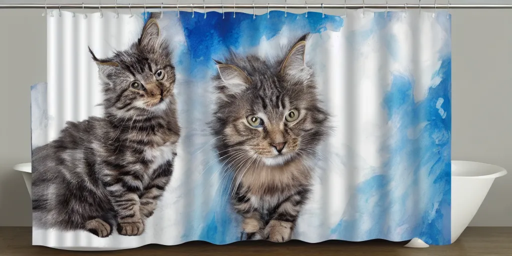 Image similar to shower curtain product catalog. on the curtain is a watercolor with ink under drawing of a cat toy being chased by a maine coon kitten. wide - angle product photography, product lighting. 4 k, highly detailed. saturated.