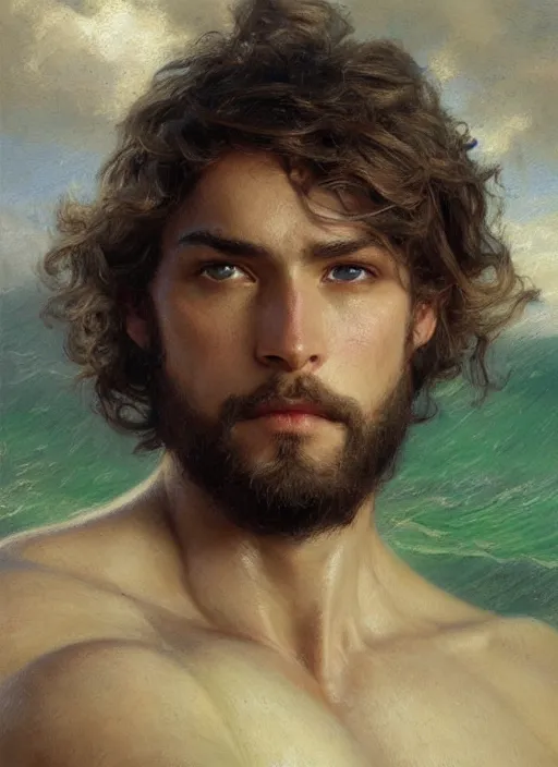 Image similar to detailed cinematic wide shot of muscular attractive young aztec man beard slim face symmetrical face tanskin green eyes white hair wearing sea clothes, detailed intricate priceless gems, ultra realistic, spring light, painting by gaston bussiere, craig mullins, j. c. leyendecker