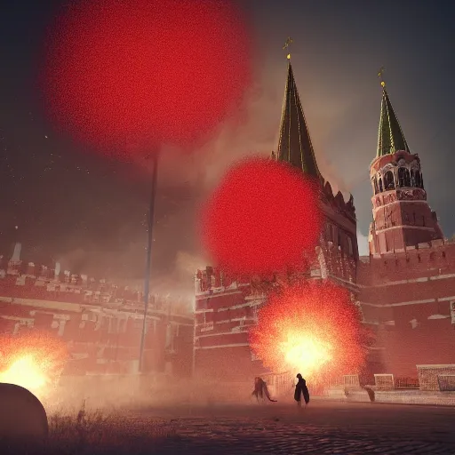 Image similar to a big explosion in the form of cotton plant in Red Square Kremlin, horrifying dynamic lighting, cinematic, extremely high detail, photo realistic, cinematic lighting, post processed, concept art, artstation, matte painting, unreal engine 8k