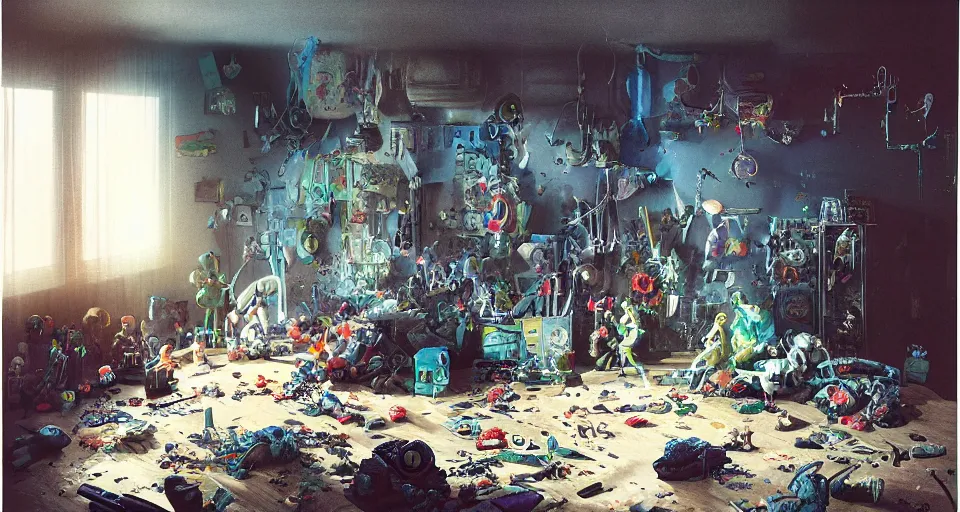 Image similar to IKEA catalogue photo, cyberpunk childrens bedroom, toys, mess, drawings, dust, organic, by Beksiński