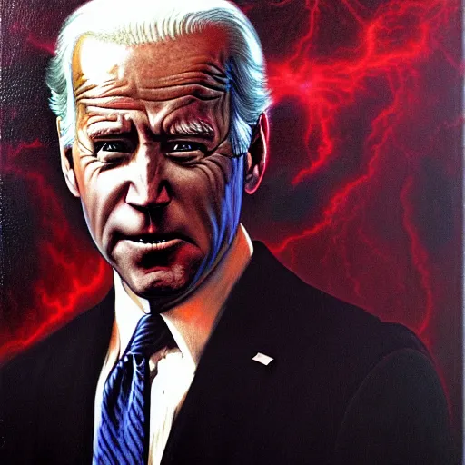 Image similar to epic Joe Biden in pandemonium, demons and souls, portrait, art by Wayne Barlowe, oil on canvas