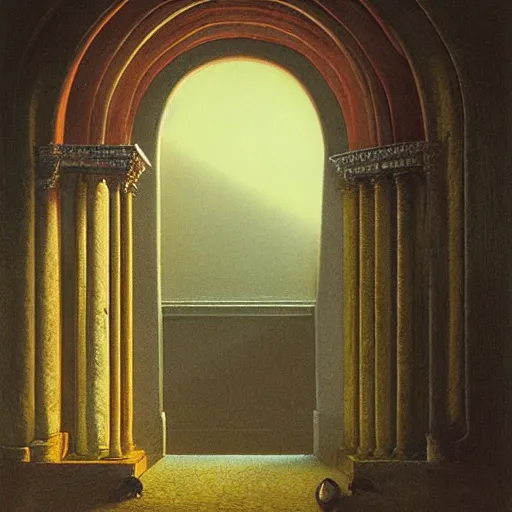 Prompt: Roman interior with arched windows, volumetric lighting, dramatic, fantasy, by Moebius, by zdzisław beksiński, Fantasy LUT, epic composition —n 9 —g