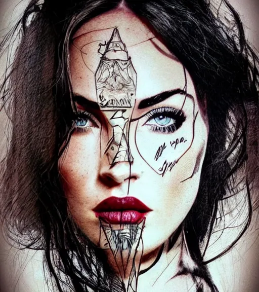 Prompt: megan fox face double exposure with beautiful mountains, tattoo sketch, hyper - realistic, in the style of matteo pasqualin, amazing detail, sharp, faded