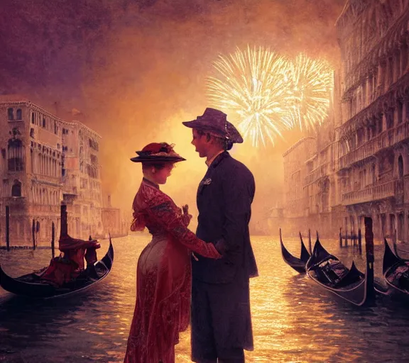 Image similar to photography of a couple in venice with fireworks, deep focus, intricate, elegant, highly detailed, digital painting, artstation, concept art, matte, sharp focus, illustration, art by artgerm and greg rutkowski and alphonse mucha and gil elvgren