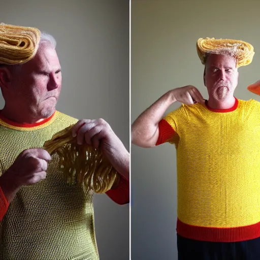 Prompt: man with shirt made out of knitted ramen noodles