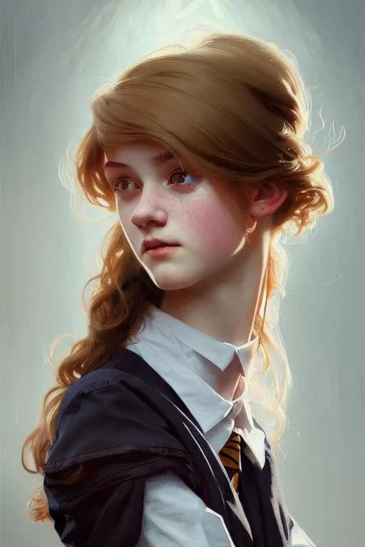 Image similar to portrait of a scottish teenage girl with dark blonde hair, glowing skin, intelligent face, school uniform, intricate, elegant, dress shirt, highly detailed, digital painting, artstation, concept art, smooth, sharp focus, illustration, art by Krenz Cushart and Artem Demura and alphonse mucha