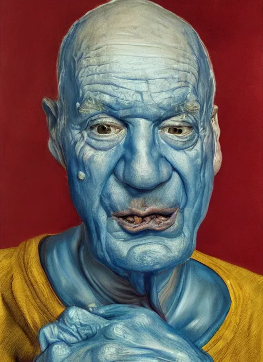Image similar to Real life Papa Smurf, painted by Lucian Freud, highly detailed, 8k