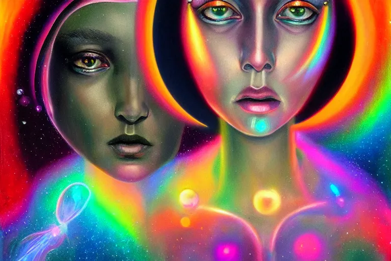 Prompt: patron saint of 🛸🌈👩🏾, futuristic iridescent clothing, wormhole, nebula, black hole, multiverse, neon god of city character portrait, in the style of margaret keane, moebius, tom bagshaw, and waterhouse, cinematic lighting, beautiful, elegant, oil painting,