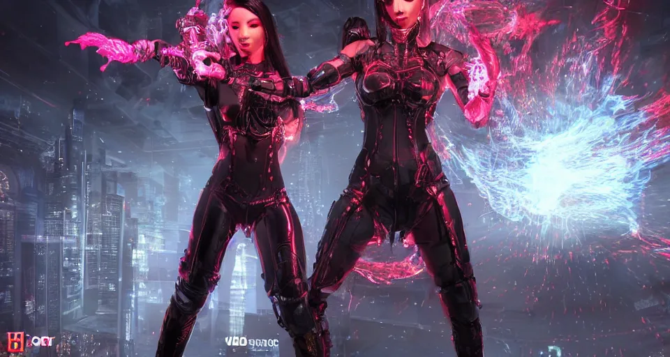 Image similar to a very hot scarlet asian necromancer in cyberpunk-plate-armor, Ultra-HD, doing a summoning futuristic ritual with holograms, Volumetric Lighting, Screen Space Global Illumination, Opaque, Optics, Lumen Reflections, VFX, insanely detailed and intricate, hypermaximalist, elegant, ornate, hyper realistic, super detailed, full body, octane render, unreal engine