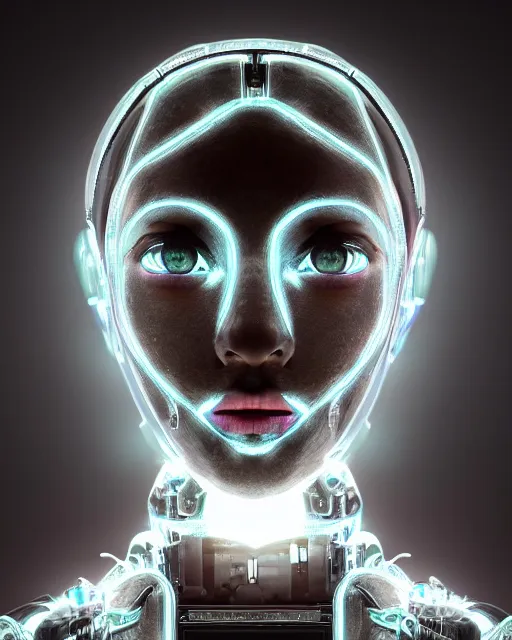 Image similar to centered portrait of soulful young shari headly as a solarpunk mecha humanoid robotic parts with bright led lights, real human face, pudica gesture bouguereau style, in white room, ultra - realistic and intricate, soft portrait shot 8 k