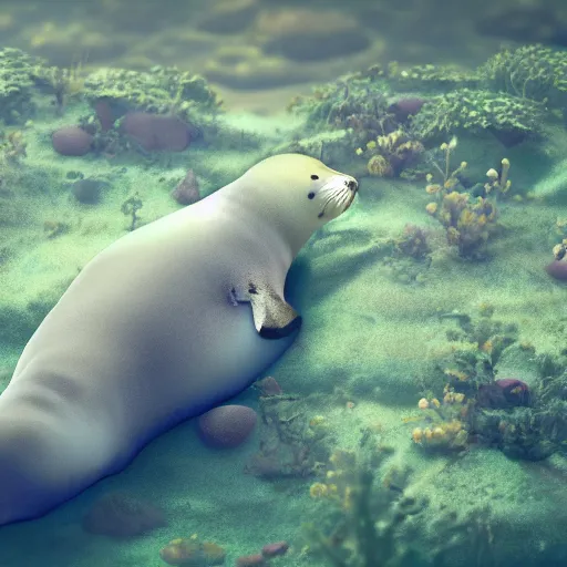Prompt: Prince in pastel!!!, A seal sleeping peacefully in a kelp forest, cinematic, hyper realistic, detailed, 8k, octane render.