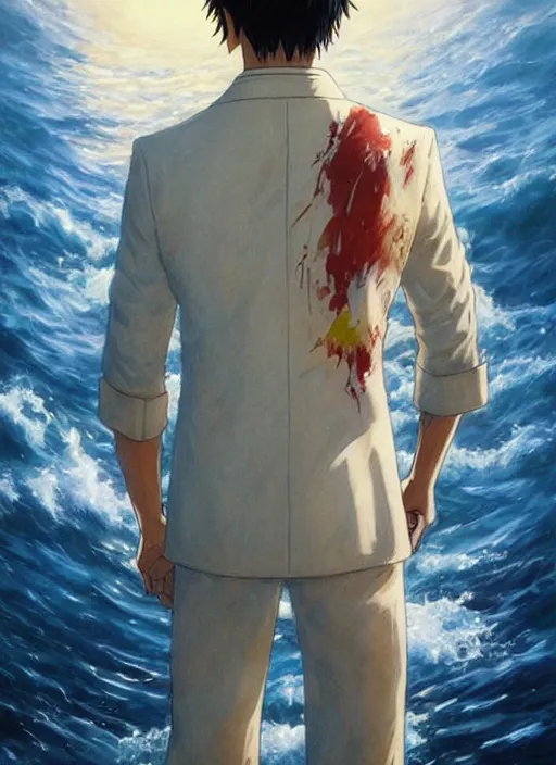 Image similar to Luffy wearing a white suit, candid shot, intricate, extremely detailed painting by Henry Justice Ford and by Greg Rutkowski and by Moebius, golden hour