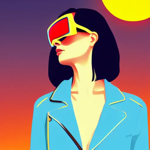 Image similar to a woman with light blue shutter shades in front of a sunset, a dark brown leather jacket, one side brown haircut with blue ends, vector art by jan tengnagel, pixabay contest winner, retrofuturism, retrowave, synthwave, outrun, portrait,