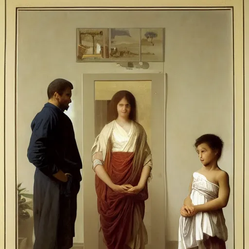 Prompt: a male patient at home with his wife and son standing by. happy, cheerful, smiling, intricate, face enhance, sharp focus, cinematic lighting, sharp focus, featured in artistation, 8 k, art by greg rutkowski, william adolphe bouguereau