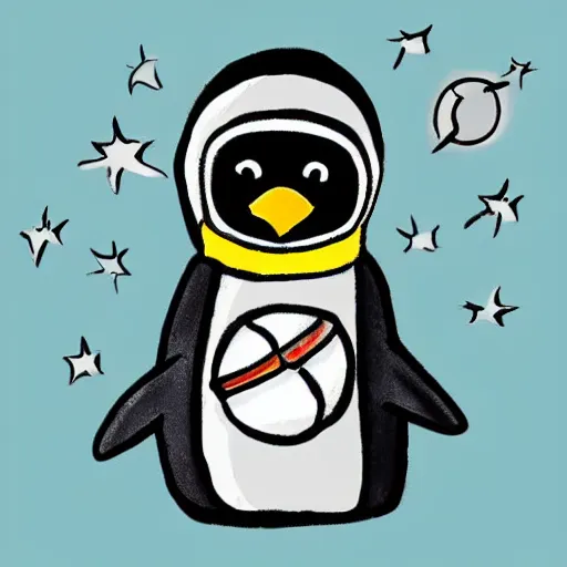 Image similar to cute drawing of a penguin on an astronaut suit, comic style
