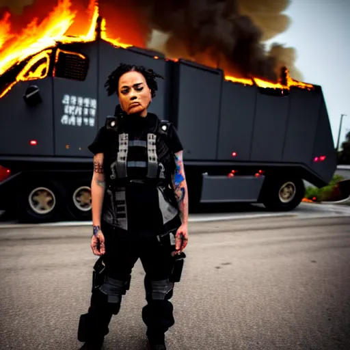 Prompt: Candid extreme wide shot of a poor techwear mixed woman with short hair and tattoos outside of a futuristic Los Angeles on fire, a police MRAP on fire, cyberpunk, 4k, extreme long shot, desaturated, full shot, action shot, motion blur, depth of field, sigma 85mm f/1.4, high resolution, 4k, 8k, hd, full color, award winning photography, war photography