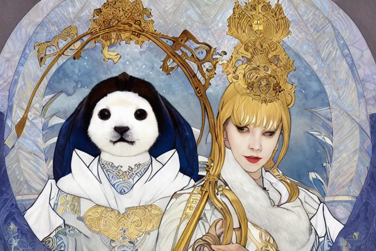 Image similar to a portrait of king baby harp seal, lord of the Arctic, portrait, gold blue silver and white colors, water color, art by artgerm and greg rutkowski and alphonse mucha and jin xiaodi and anthony devine