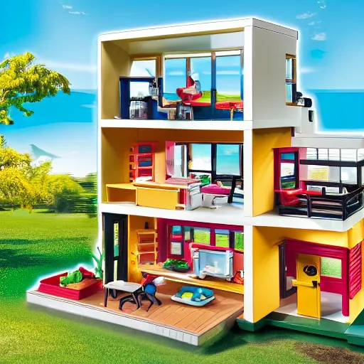 Prompt: a playmobil set with a mid - century modern house