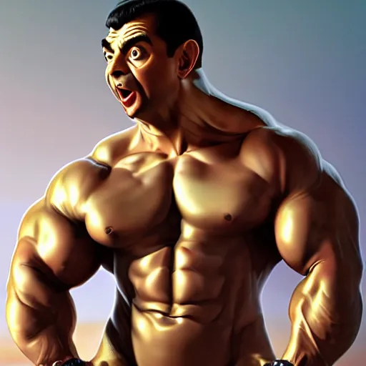 Image similar to upper body portrait of a hulking bulky swole steroids musclebound huge bodybuilder muscular herculean chiseled mr bean rowan atkinson, cinematic lighting, photorealistic, octane render, 8 k, depth of field, 3 d, art by artgerm and greg rutkowski and alphonse mucha and uang guangjian and gil elvgren and sachin ten