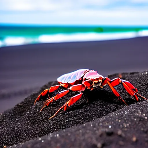 Prompt: thick crustacean on black sand dunes