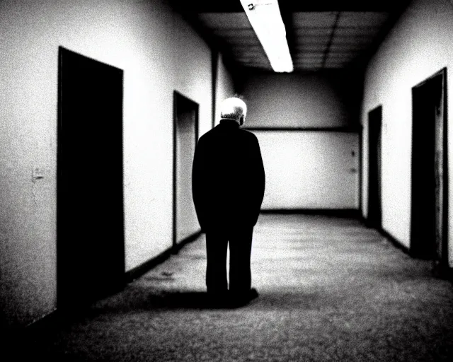 Image similar to creepy old man standing in the backrooms, the eerie forlorn atmosphere of a place that's usually bustling with people but is now abandoned and quiet, buzzing fluorescent lights above the ceiling, unsettling images, liminal space, dark,
