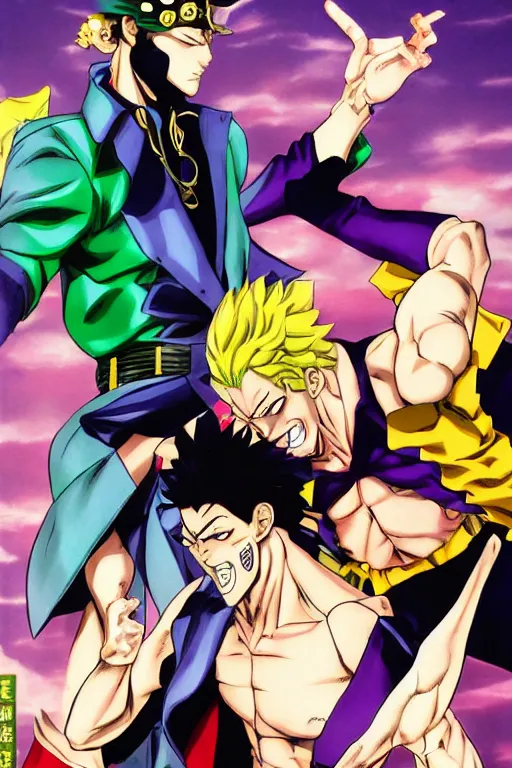 Image similar to manga cover, jotaro vs dio, art by hirohiko araki, vogue outfit, dynamic pose, action pose, muscular, manga one panel page