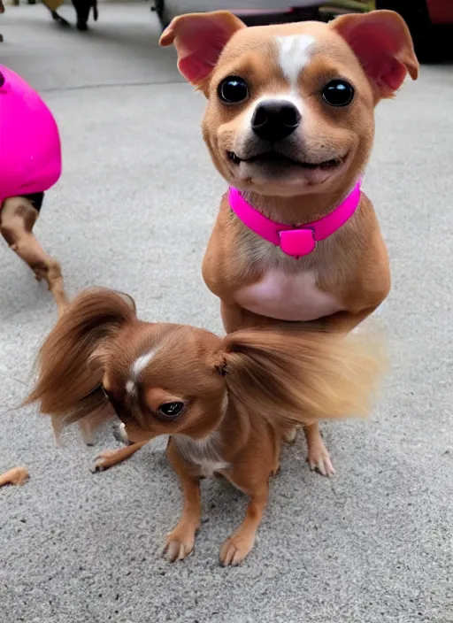 Image similar to fully grown tan pit bull, long - haired chihuahua, pomeranian mix, wearing a pink harness