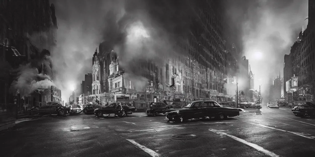 Prompt: high resolution photo of a new york street at night with an old church on fire surrounded with smoke and cars with bright headlights by robert capa, realistic photo, leica, cinematic lighting, magnum award winning photograph, parallax photography,