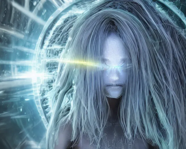 Image similar to glowing hair, complex cybernetic beings, beautiful hairy humanoids, cybergods, cybermagnetosphere, cybernetic civilizations, ornate hair, love, joy, vortexes, large arrays, data holograms, 8 k, cinematic light shadows, wet hdr refractions