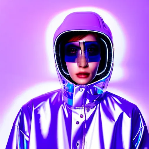 Prompt: an ultra high definition professional studio quality portrait photograph of an artificial celebrity cyberpunk pop star wearing a transparent iridescent perspex pastel coloured face visor and matching raincoat in an empty white room. dramatic lighting. volumetric shadows. light rays
