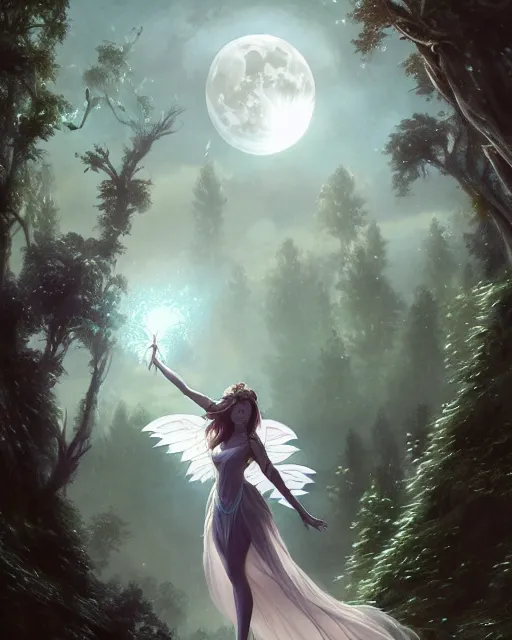 Image similar to attractive fairy goddness fly high in the night, d & d, fantasy, mist, full moon in background, trees, hyper detailed, art by artgerm and greg rutkowski and magali villeneuve, midium shot, 8 k realistic, cryengine, digital painting, trending on artstation, concept art, sharp focus, illustration,