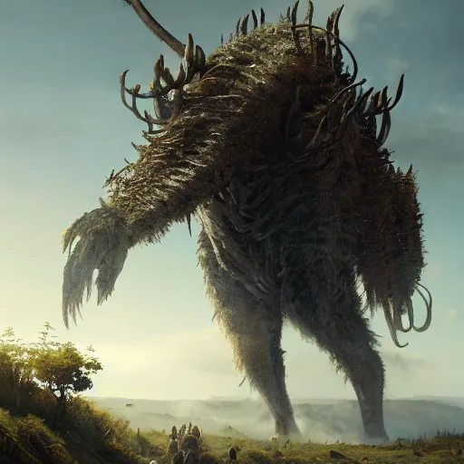 Image similar to enormous creature towering over the plains, volumetric lighting, 8 k octane beautifully detailed render, post - processing, extremely hyper - detailed, intricate, epic composition, cinematic lighting, masterpiece, trending on artstation, detailed detailed detailed, masterpiece, stunning art by anders zorn, wonderful masterpiece by greg rutkowski, beautiful cinematic light,