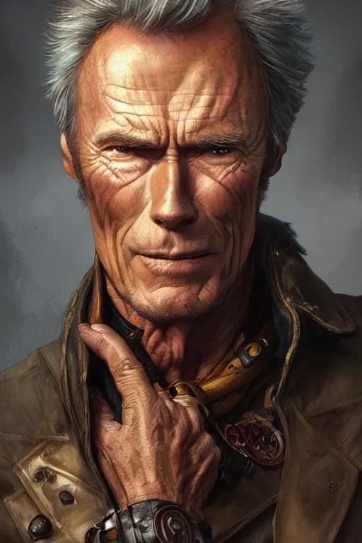 Image similar to heroic character design of clint eastwood, portrait, western, steampunk, duster, fantasy, intricate, elegant, highly detailed, digital painting, artstation, concept art, sharp focus, illustration, art by artgerm and greg rutkowski and alphonse mucha