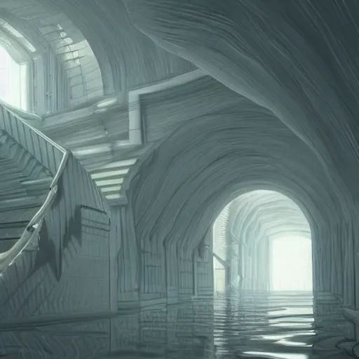 Prompt: a flood of slime in a bright white hallway with many doors and many stairs, Mc Escher architecture, epic composition, by Makoto Shinkai