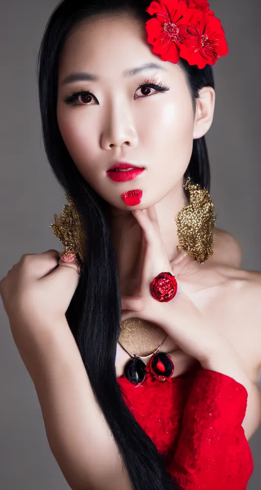 Prompt: close up fashion model portrait asian woman, black and red, elegant