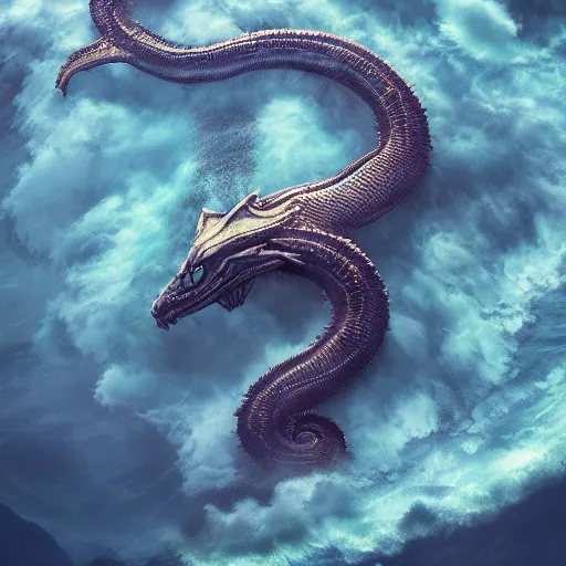 Prompt: overhead look of an alien ocean with clouds above it, serpent emerging out of the water, mountains on the background, octane render, detailed,