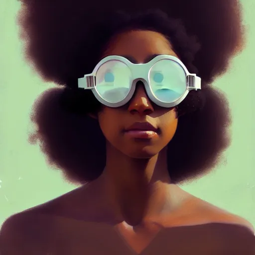 Prompt: Beautiful woman wearing opaque goggles profile picture by Greg Rutkowski, brown skin, long afro hair, asymmetrical, studio ghibli, Organic Painting , Matte Painting, geometric shapes, hard edges, street art, trending on the artstation, fantasy LUT, realistic by Sachin Teng,