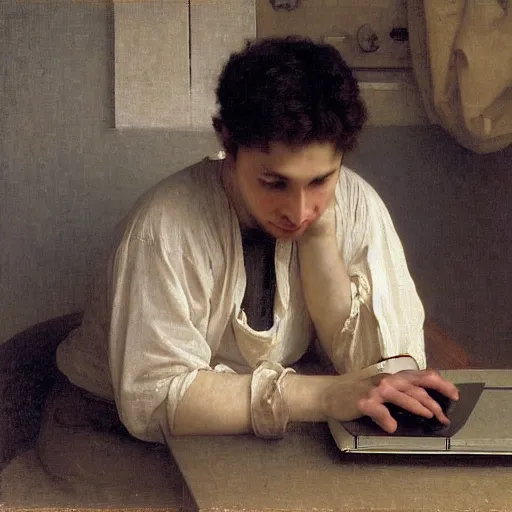 Prompt: an oil painting of an man playing a laptop, view from back, by Bouguereau, highly detailed and intricate, 1500,