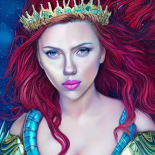 Prompt: “Scarlett Johansson portrait, fantasy, mermaid, cartoon, pearls, glowing hair, shells, gills, crown, water, highlights, starfish, goddess jewelry, realistic, digital art, pastel ”