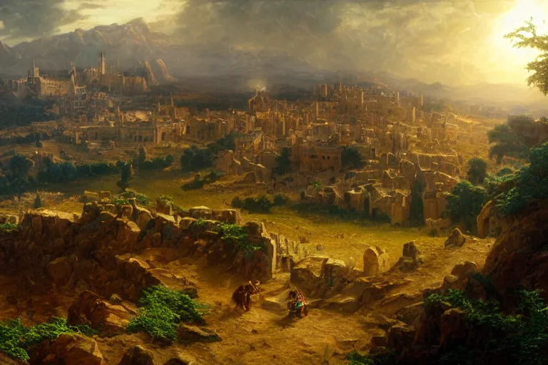 Image similar to an ultra detailed matte landscape painting of king richard the lionhearted as a shonen anime protagonist attacking jerusalem, 8 k, volumetric lighting, art by albert bierstadt and greg rutkowsi