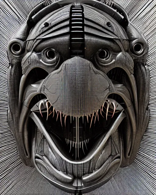 Image similar to mechanical robot trex transformer dinosaur head, bold line symmetrical illustration by peter gric, hr giger, kim jung gi, joe fenton, scifi, screen print, art station, zbrush, sharp, high contrast, ultrafine hyper detailed,